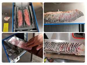 Salmon slicing with the fish fillet machine